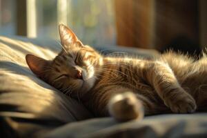 Cat Stretching Lazily in Warm Sunlight Streaming Through Window Background Nature photo