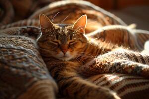 Cat Lounging in Pool of Sunlight on Cozy Blanket nature background photo