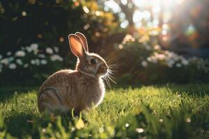 Rabbit Sitting in Patch of Sunlight on Grassy Lawn nature background photo