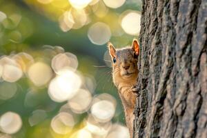 Squirrel Peeking Out from Behind Tree Trunk Sunlight Illuminating Its Fur nature background photo