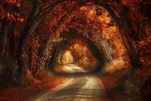 Quiet Country Road Winding through Tunnel of Arching Branches Adorned with Fiery Autumn Leaves photo