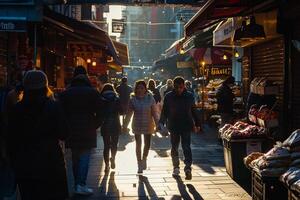 Sunlight Streaming Through Busy Market Street Casting Long Shadows photo