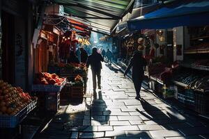 Sunlight Streaming Through Busy Market Street Casting Long Shadows photo