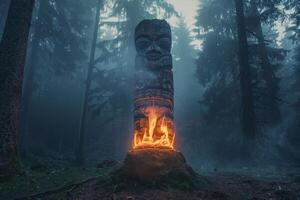 Ethereal Flames Swirling Around Totem Pole in Fog Shrouded Forest Clearing photo