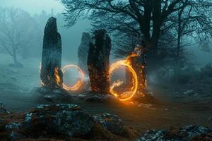 Twilight Ethereal Flames Around Ancient Stone Circle in a Misty Forest   nature background photo