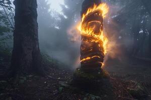 Ethereal Flames Swirling Around Totem Pole in Fog Shrouded Forest Clearing photo