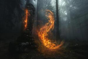 Ethereal Flames Swirling Around Totem Pole in Fog Shrouded Forest Clearing   nature background photo