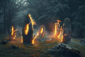Twilight Ethereal Flames Enveloping Ancient Stone Circle in Misty Forest   nature background photo
