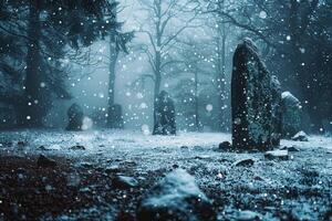Ethereal Snowflakes Falling Around Ancient Stone Circle at Morning in Misty Forest   nature background photo