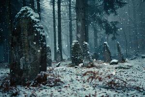 Ethereal Snowflakes Falling Around Ancient Stone Circle in Misty Forest   nature background photo