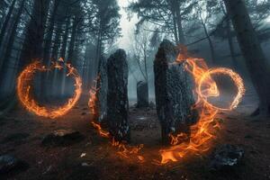 Twilight Mystical Flames Around Ancient Stone Circle in Misty Forest   nature background photo