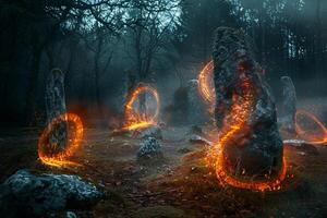 Enigmatic Flames Dancing Around Ancient Stone Circle at Twilight in Misty Forest   nature background photo