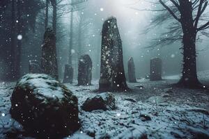 Mystical Snowflakes Surrounding Ancient Stone Circle in a Misty Forest   nature background photo