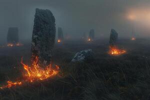 Captivating Ethereal Flames Around Ancient Standing Stones in Foggy Moor   nature background photo