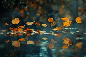 Abstract Patterns from Floating Autumn Leaves in Still Forest Pond   nature background photo