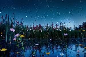 Abstract Field of Wildflowers Reflecting in Still Pond Under Starry Night Sky   nature background photo