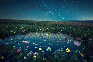 Abstract Field of Wildflowers Reflecting in Still Pond Under Starry Night Sky   nature background photo