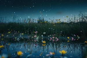 Abstract Field of Wildflowers Reflecting in Still Pond Under Starry Night Sky   nature background photo
