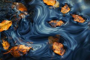 Conceptual Intriguing Abstract Patterns Created by Floating Autumn Leaves Reflecting in the Swirling Currents of Mountain Stream   nature background photo