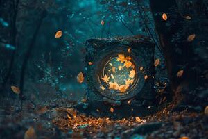 Glowing Leaves Suspended in Mid Air Around Ancient Artifact in Moonlit Forest   nature background photo