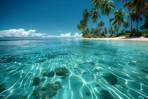 PalmFringed Beach with Clear Turquoise Waters Ideal for Snorkeling with Coral Reefs Visible Beneath the Surface  nature background photo
