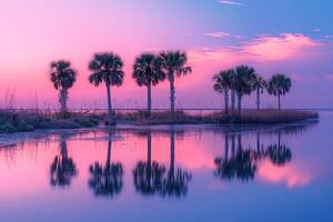 Palm Trees Silhouetted Against a Pastel Sunset Sky with Reflections on the Calm Waters Edge  nature background photo