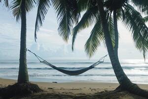Hammock Swaying Between Two Palm Trees on a Deserted Beach with Waves Gently Breaking on the Shore  nature background photo