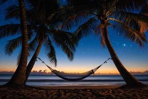Hammock Between Palm Trees on Beach at Twilight with the Last Light of Day Fading into Starry Night nature background photo