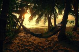 Hammock Swaying Between Palm Trees on Beach at Twilight with the Last Rays of Sunlight Fading nature background photo