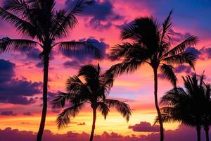 Palm Trees Silhouetted Against Colorful Sky at Twilight with Clouds Tinged in Shades of Orange and Purple nature background photo