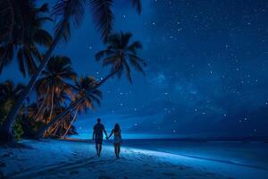 Couple Walking Hand in Hand Along Palm Lined Beach Under Starry Night Sky nature background photo