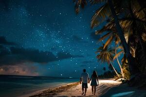 Couple Walking Hand in Hand Along Palm Lined Beach Under Starry Night Sky nature background photo