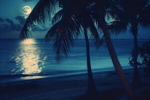 Dreamy Palm Trees Swaying in the Gentle Breeze on Moonlit Beach with the Moon Reflected on the Calm Ocean nature background photo