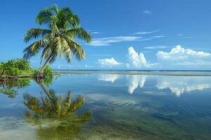 Peace Palm Tree Leaning Over Lagoon with Reflections of the Tree and Clear Blue Sky on the Waters Surface nature background photo