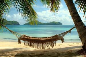 Hammock Strung Between Two Palm Trees on Sandy Beach Overlooking Crystal Clear Waters and Distant Islands nature background photo