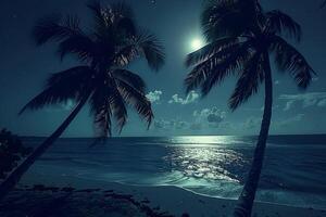 Palm Trees Swaying in the Gentle Breeze on Moonlit Beach with the Moon Reflected on the Calm Ocean nature background photo