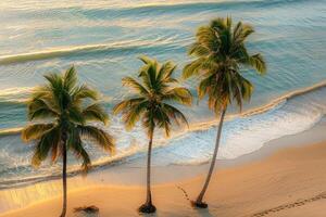 Palm Trees Casting Shadows on Golden Sandy Beach with Gentle Waves nature background photo