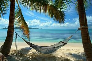 Hammock Strung Between Two Palm Trees on Sandy Beach Overlooking Crystal Clear Waters and Distant Islands nature background photo