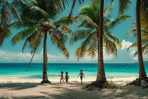 Joyful Children Playing Among Palm Trees on a Sunny Beach with Turquoise Waters in the Background photo