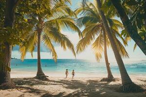 Joyful Children Playing Among Palm Trees on a Sunny Beach with Turquoise Waters in the Background photo
