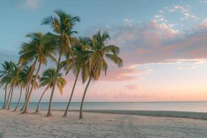 Palm Trees Lining Sandy Beach at Twilight with Sky Painted in Pink and Orange Hues After Sunset photo