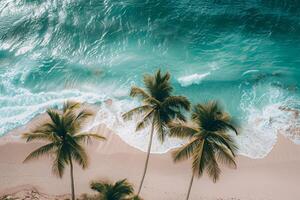 Refreshing Palm Trees Swaying Gently on Sandy Beach with Turquoise Waves Breaking on the Shore photo