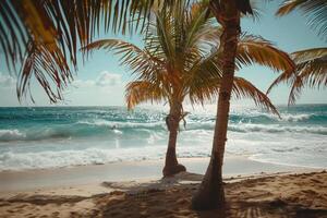 Refreshing Palm Trees Swaying in the Breeze on Sandy Beach with Gentle Waves Rolling Ashore photo