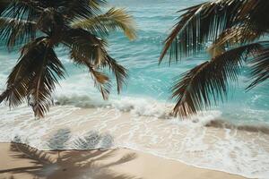 Refreshing Palm Trees Swaying Gently on Sandy Beach with Turquoise Waves Breaking on the Shore photo