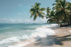 Refreshing palm trees swaying in the breeze on sandy beach with gentle waves rolling ashore nature background photo