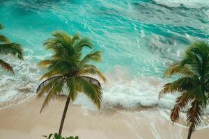 Refreshing palm trees swaying gently on sandy beach with turquoise waves breaking on the shore nature background photo