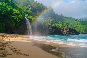 Secluded beach with lush greenery small waterfall cascading onto the sand and rainbow in the mist nature background photo