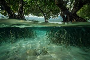 Hidden beach with lush mangrove trees and partially submerged roots in crystal clear water nature background photo