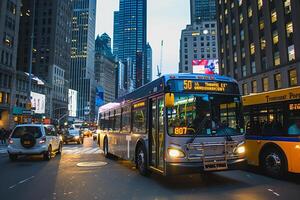 Urban street with busy commuter bus navigating crowded downtown skyscrapers in the background nature background photo