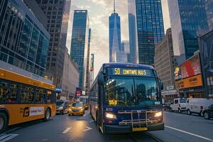 Urban street with buzzing commuter bus navigating crowded downtown skyscrapers in the background nature background photo